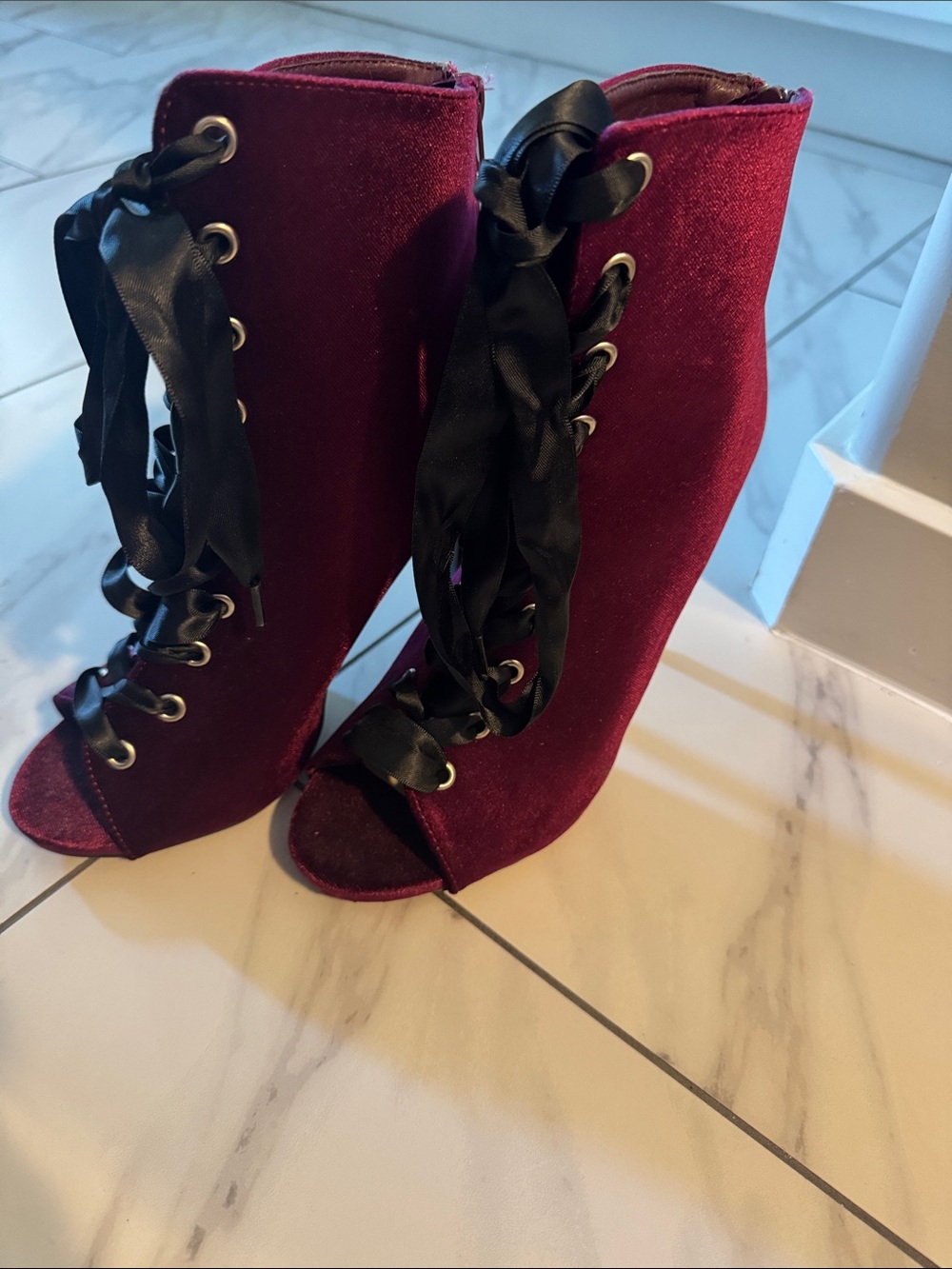 Women's Burgundy Velvet Lace-Up Peep-Toe Heels